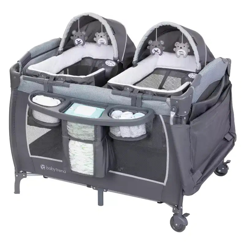 Baby Trend Lil Snooze Deluxe III Nursery Center Playard For Twins - Cozy Gray: Metal Frame, Foam Filling, 30 lbs Capacity