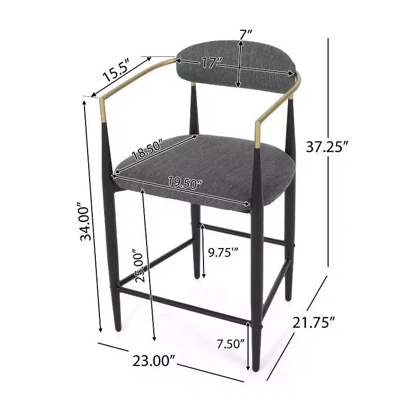 Set of 2 Counter Height Barstools with Upholstered Seat and Iron Frame