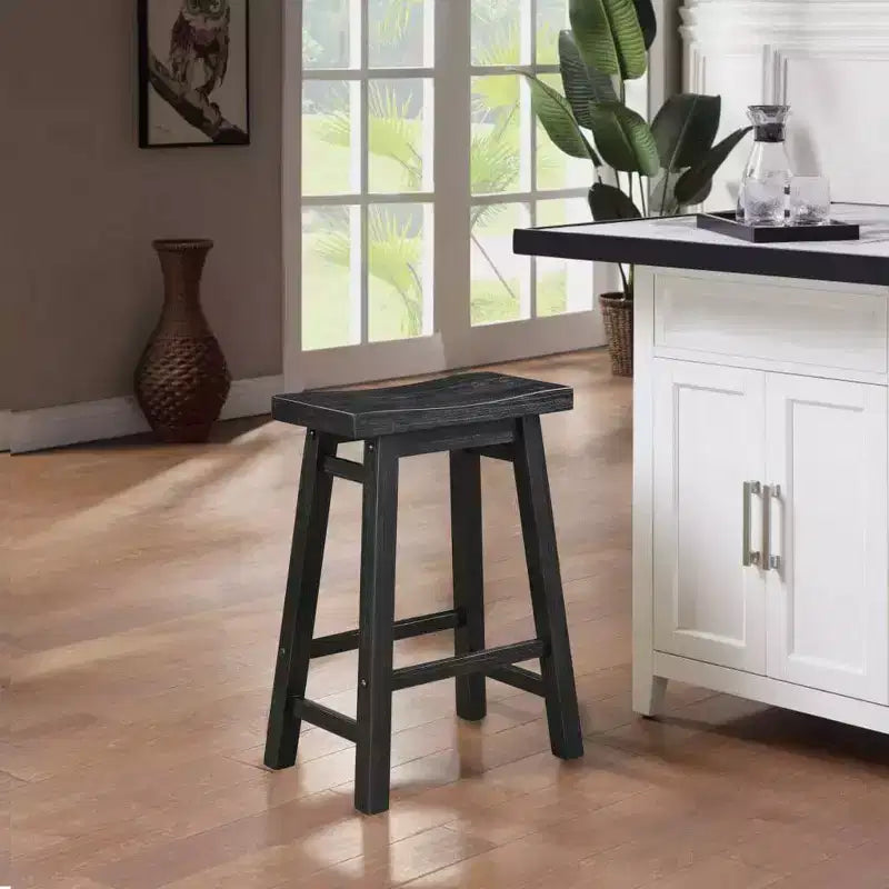 Acacia Wood Backless Saddle Barstool - Black Charcoal Finish