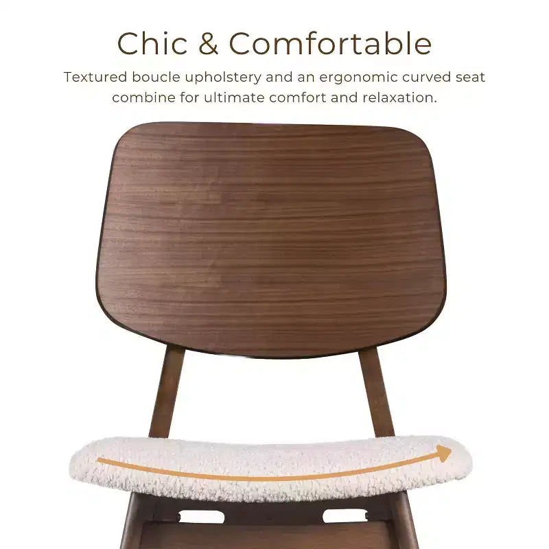 Set of 2 Mid-Century Modern Boucle Dining Chairs - Walnut Finish