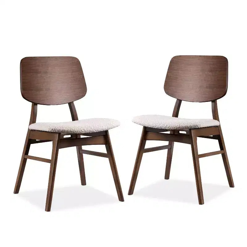 Set of 2 Mid-Century Modern Boucle Dining Chairs - Walnut Finish
