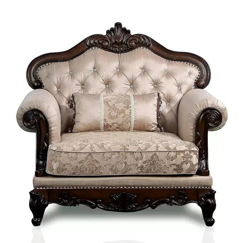 Alsace Wingback Arm Chair – Floral Tufted Upholstery, Dark Cherry / Light Brown