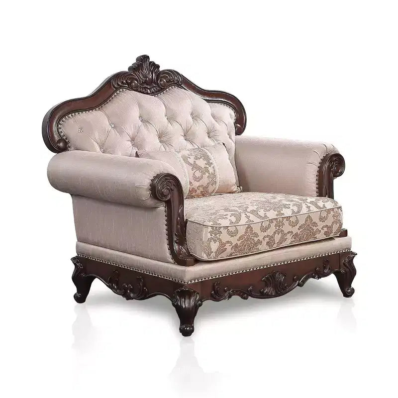 Alsace Wingback Arm Chair – Floral Tufted Upholstery, Dark Cherry / Light Brown