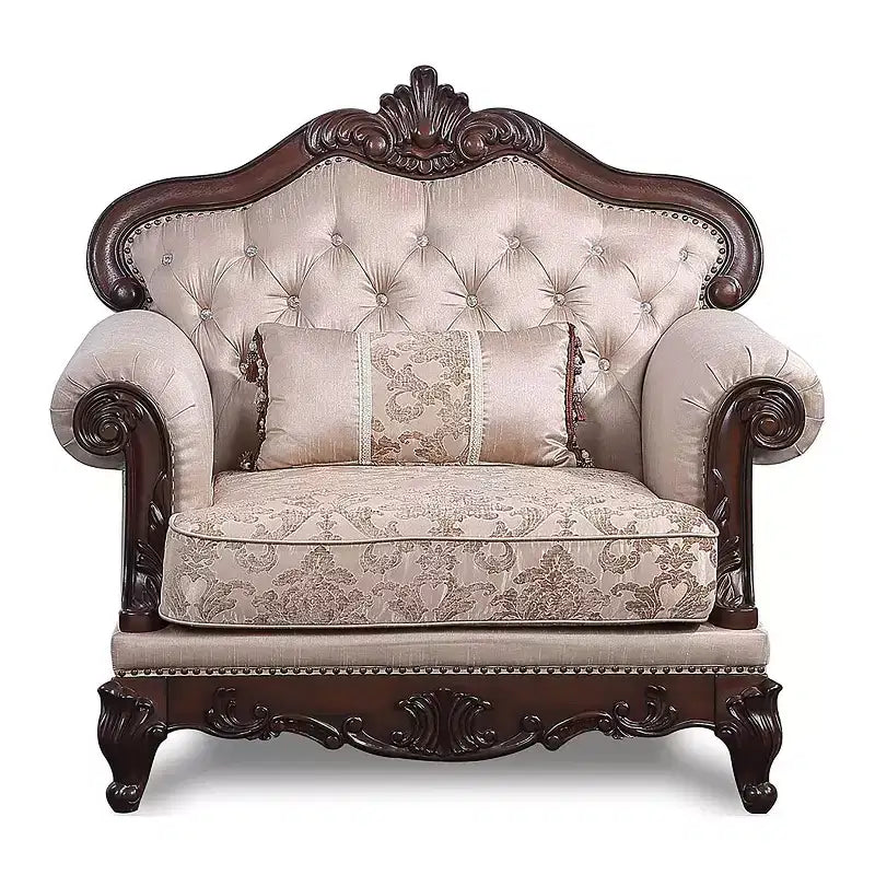 Alsace Wingback Arm Chair – Floral Tufted Upholstery, Dark Cherry / Light Brown