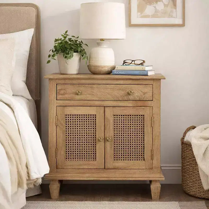 30" Rattan Nightstand with Drawer and Cabinet Storage – Mango Wood, Brown