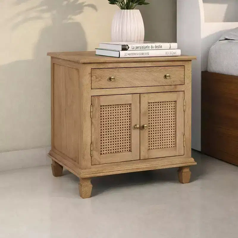 30" Rattan Nightstand with Drawer and Cabinet Storage – Mango Wood, Brown