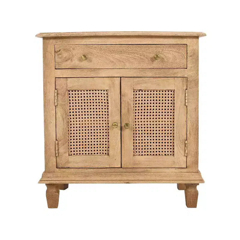 30" Rattan Nightstand with Drawer and Cabinet Storage – Mango Wood, Brown