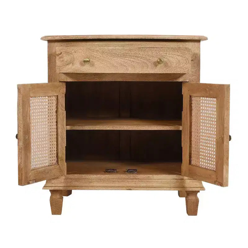 30" Rattan Nightstand with Drawer and Cabinet Storage – Mango Wood, Brown