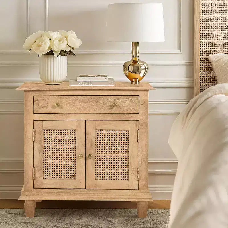 30" Rattan Nightstand with Drawer and Cabinet Storage – Mango Wood, Brown
