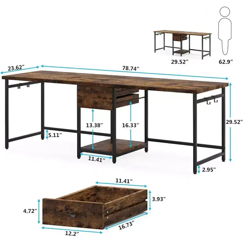 78.7" Double Computer Desk with Drawers and Storage Shelf