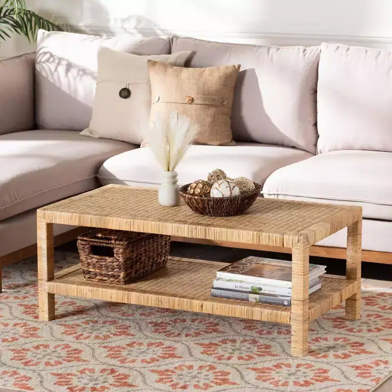 Rattan and Wood Rectangle Coffee Table with Open Shelf
