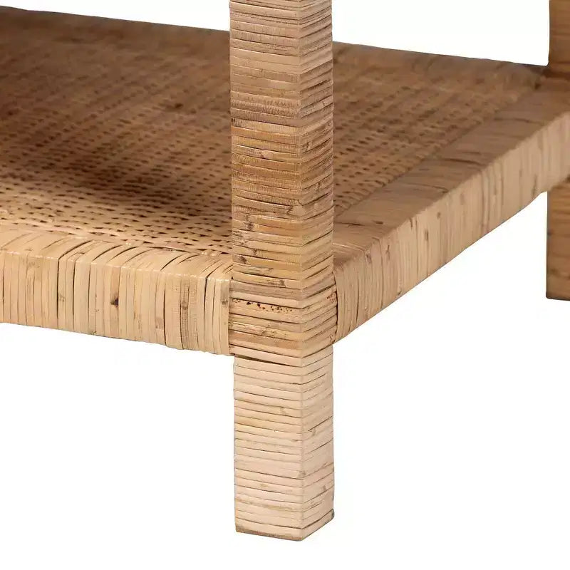Rattan and Wood Rectangle Coffee Table with Open Shelf