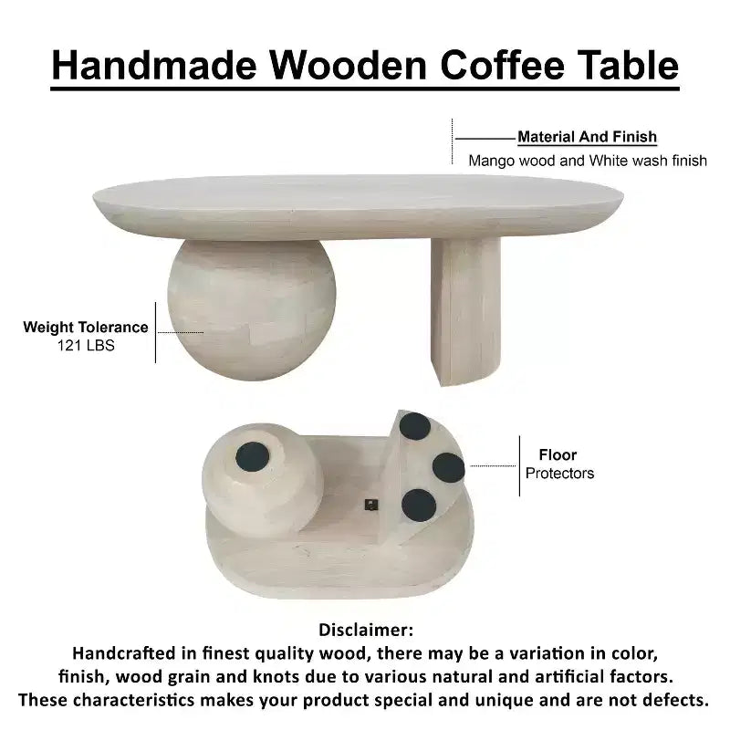 38" Oblong Mango Wood Coffee Table with Ball Leg Base, White
