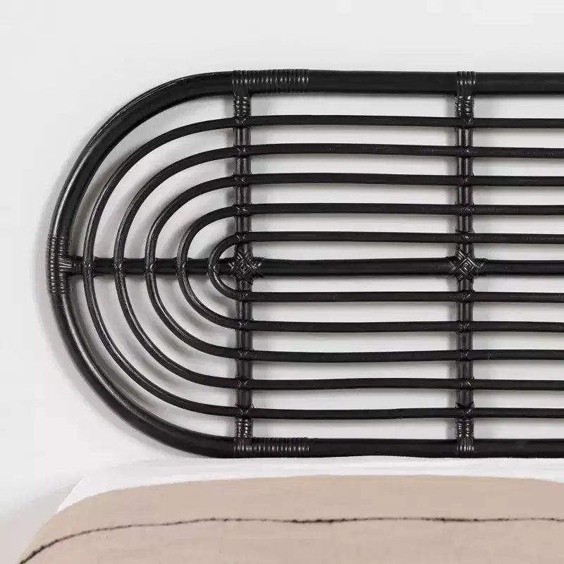 Queen Platform Bed with Rattan Wall-Mounted Headboard – Black