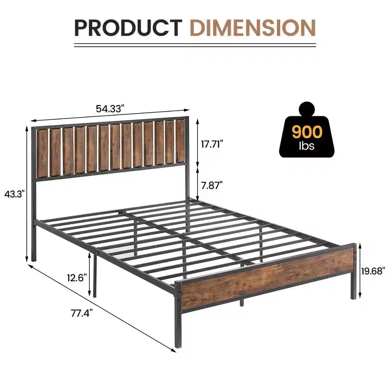 Full Size Bed Frame with Wood Headboard and Metal Frame