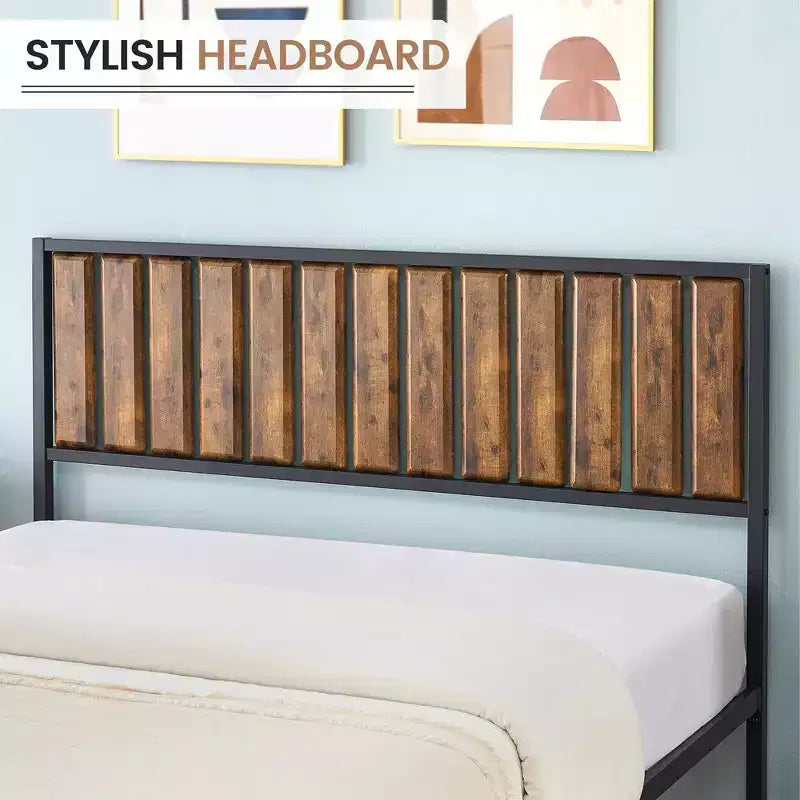 Full Size Bed Frame with Wood Headboard and Metal Frame