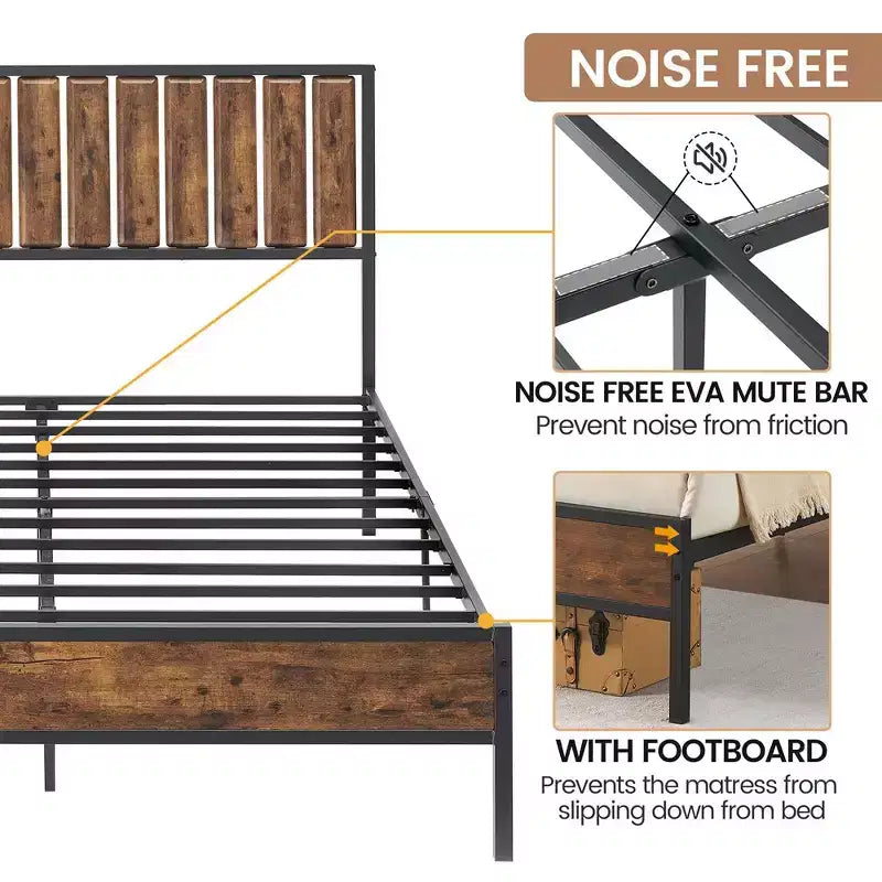 Full Size Bed Frame with Wood Headboard and Metal Frame