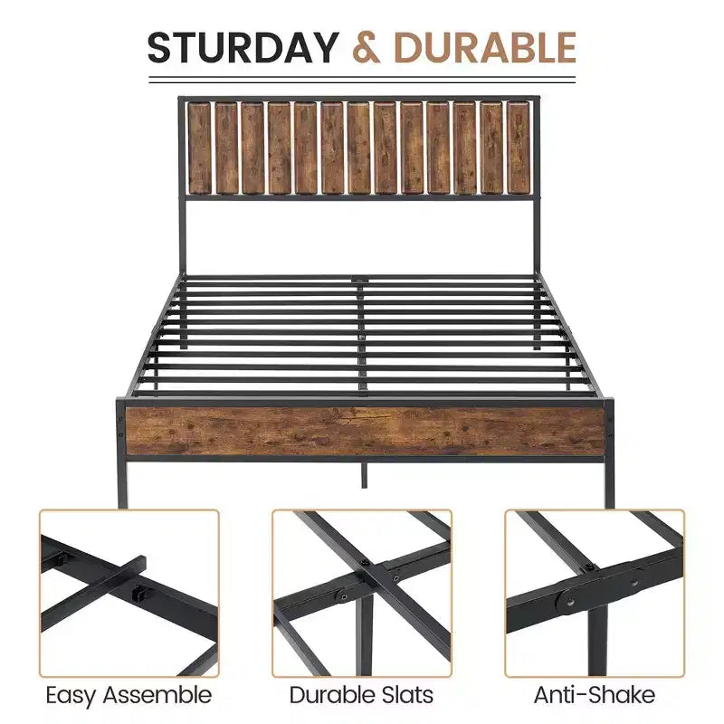 Full Size Bed Frame with Wood Headboard and Metal Frame