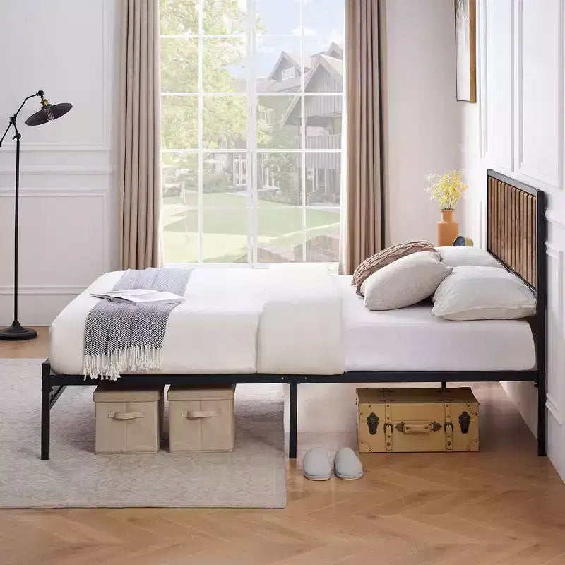 Full Size Bed Frame with Wood Headboard and Metal Frame