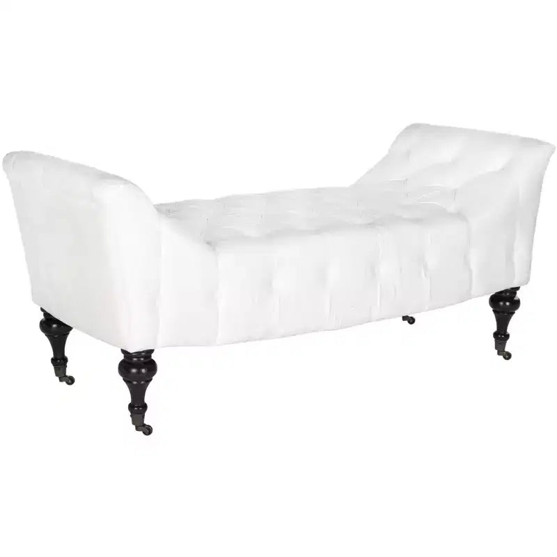 White Upholstered Bench with Tufted Velvet Seat and Casters