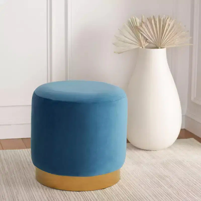Round Velvet Ottoman with Gold Metal Base