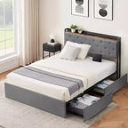 WhizMax Full Size Bed Frame with Charging Station and 4 Storage Drawers, Gray Velvet Upholstered Platform Bed with Storage Headboard and Wooden slats