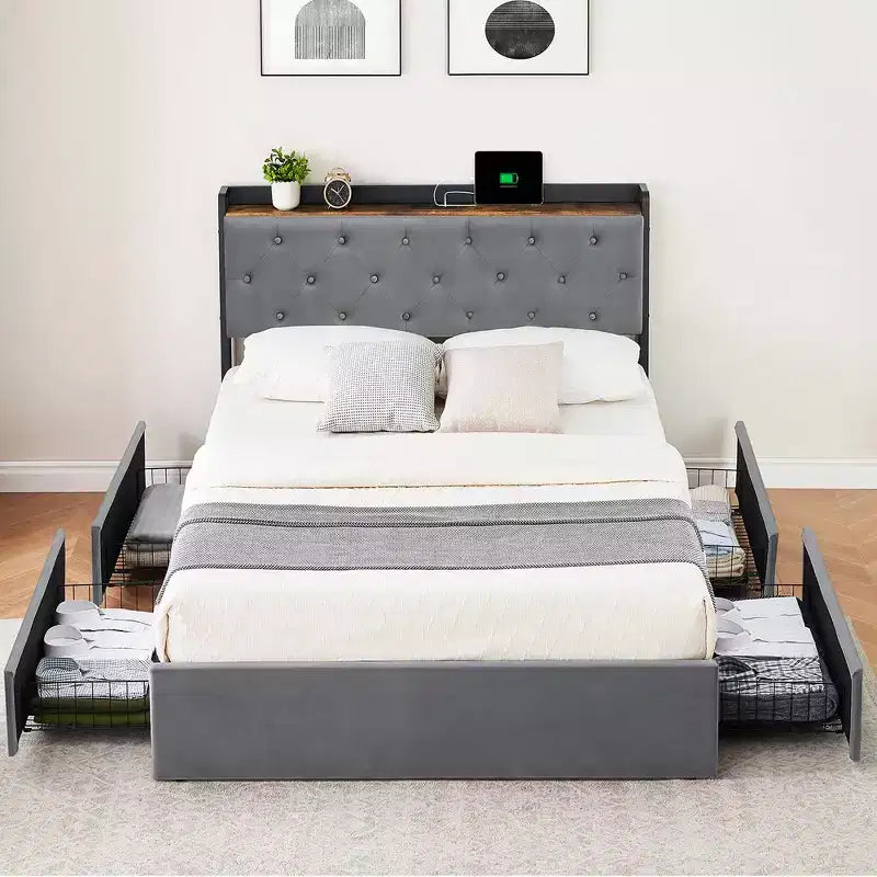 Full Size Bed Frame with Charging Station and 4 Storage Drawers, Gray Velvet Upholstered Platform Bed with Storage Headboard and Wooden Slats