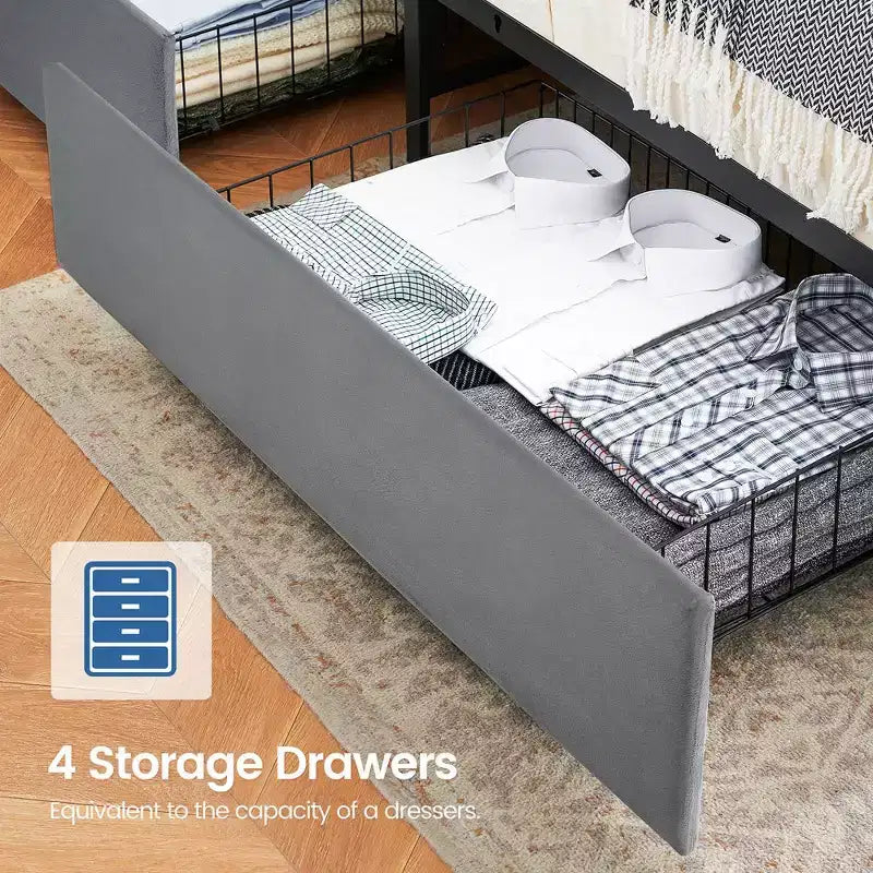 Full Size Bed Frame with Charging Station and 4 Storage Drawers, Gray Velvet Upholstered Platform Bed with Storage Headboard and Wooden Slats