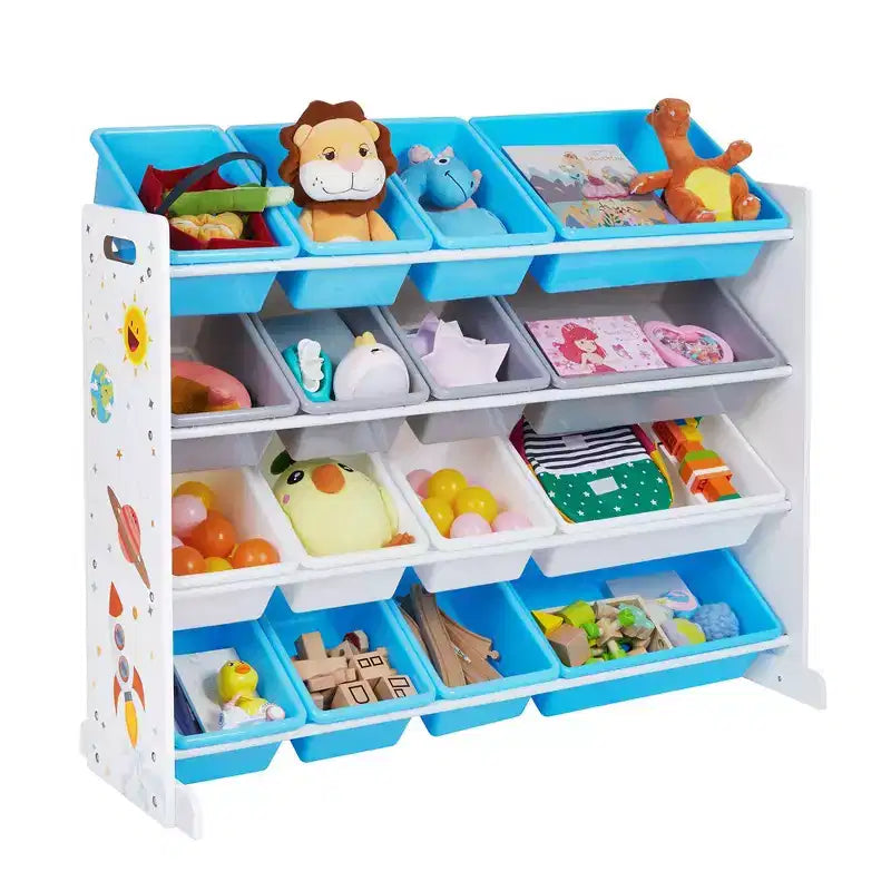 Kids Large Toy Storage Unit with 16 Removable Bins, Space Theme, 41.7"
