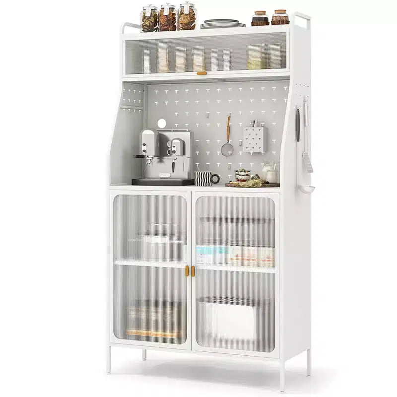 5-Tier Metal Kitchen Bakers Rack with Pegboard, 8 Hooks, Adjustable Shelf, White & Gold