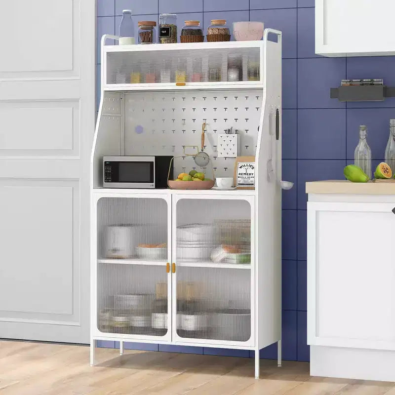 5-Tier Metal Kitchen Bakers Rack with Pegboard, 8 Hooks, Adjustable Shelf, White & Gold