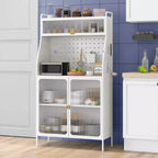 Scaffale da Cucina a 5 Livelli in Metallo con Pannello Forato, 8 Ganci, Ripiano Regolabile, Bianco e Oro