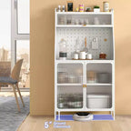 Scaffale da Cucina a 5 Livelli in Metallo con Pannello Forato, 8 Ganci, Ripiano Regolabile, Bianco e Oro