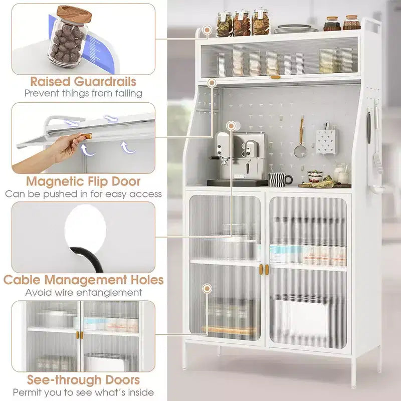 5-Tier Metal Kitchen Bakers Rack with Pegboard, 8 Hooks, Adjustable Shelf, White & Gold