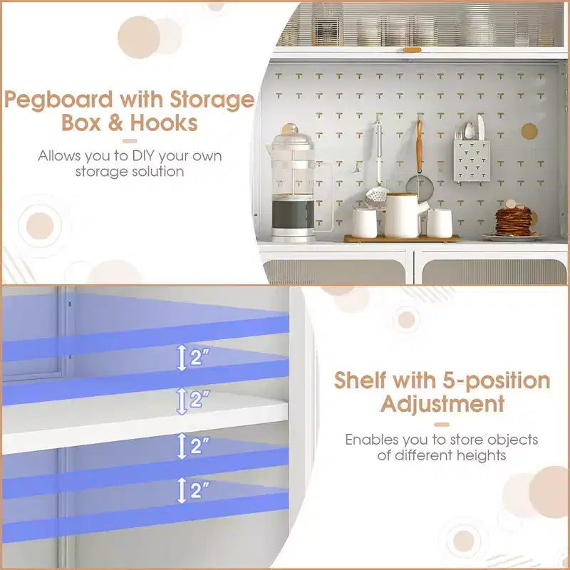 5-Tier Metal Kitchen Bakers Rack with Pegboard, 8 Hooks, Adjustable Shelf, White & Gold