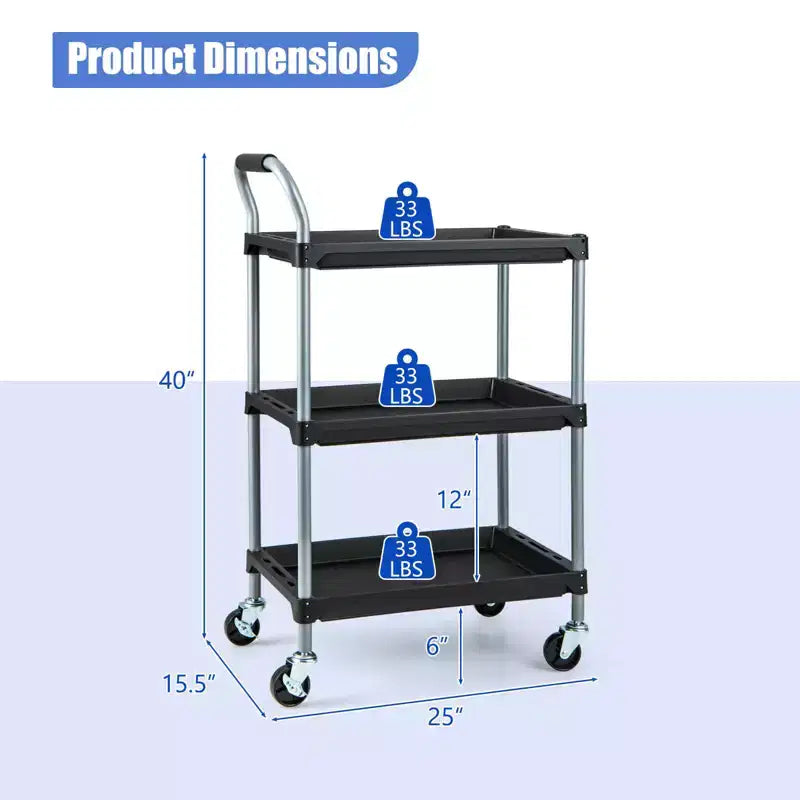 3-Layer Utility Rolling Tool Cart with Lockable Wheels and Ergonomic Handle