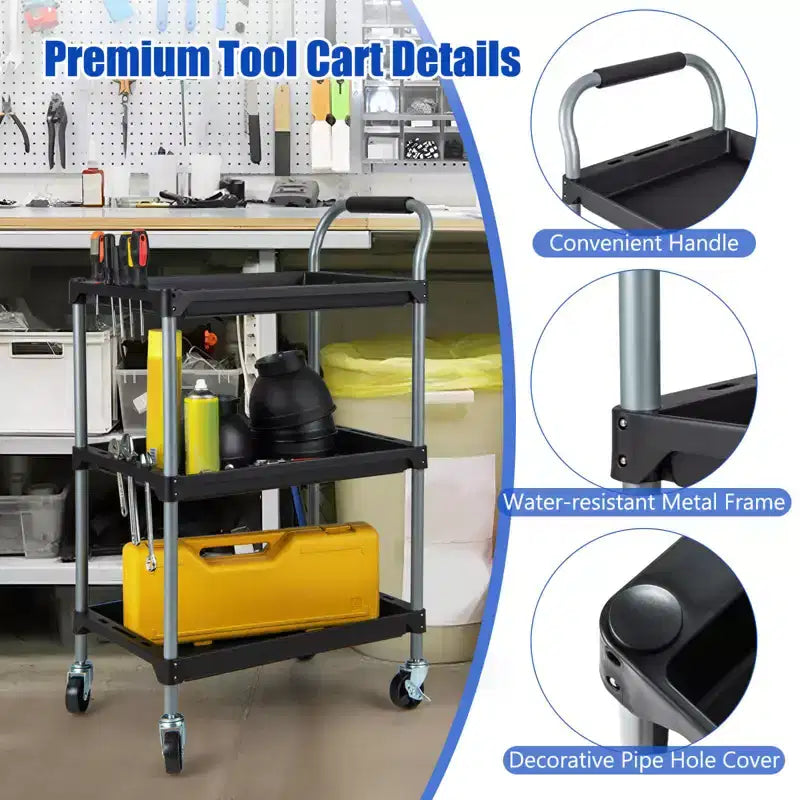 3-Layer Utility Rolling Tool Cart with Lockable Wheels and Ergonomic Handle