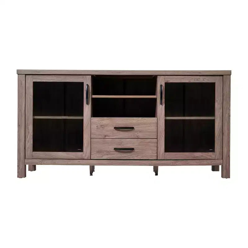 Engineered Wood Buffet Sideboard Storage Cabinet with Open Shelf, 2 Drawers and 2 Tempered Glass Doors