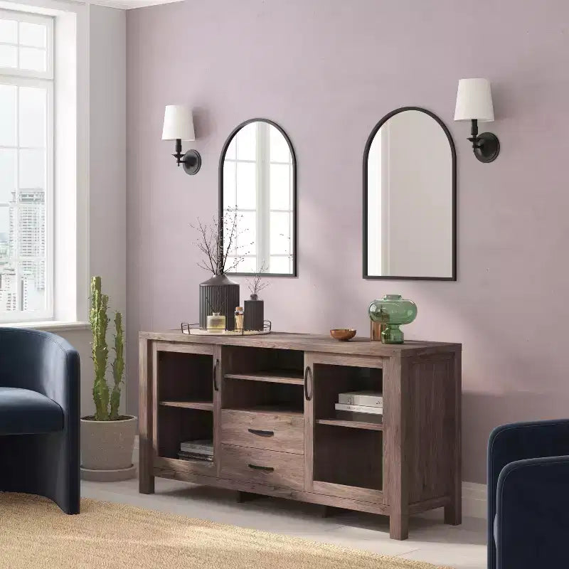 Engineered Wood Buffet Sideboard Storage Cabinet with Open Shelf, 2 Drawers and 2 Tempered Glass Doors