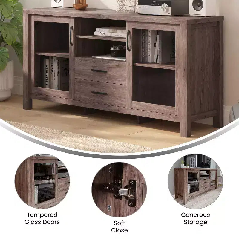 Engineered Wood Buffet Sideboard Storage Cabinet with Open Shelf, 2 Drawers and 2 Tempered Glass Doors