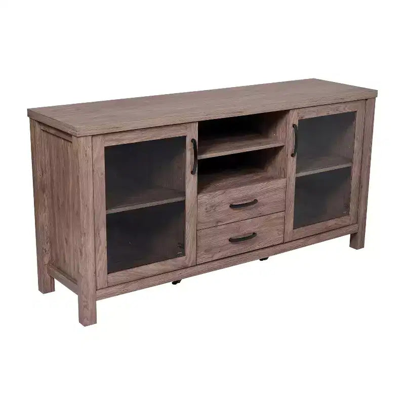 Engineered Wood Buffet Sideboard Storage Cabinet with Open Shelf, 2 Drawers and 2 Tempered Glass Doors