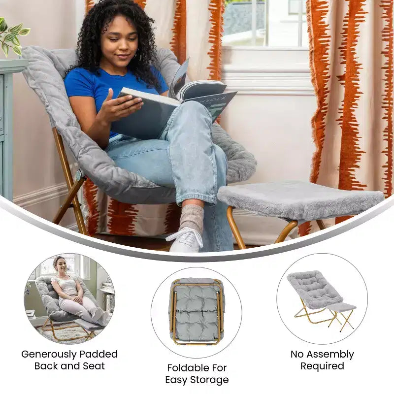 Oversized Folding Saucer Chair and Ottoman for Dorm, Bedroom