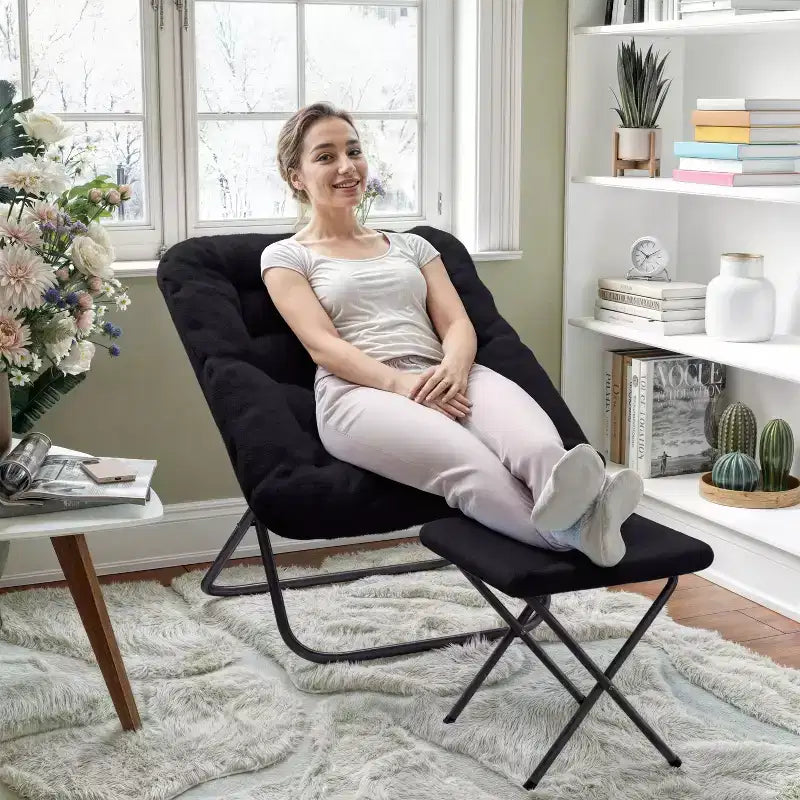 Oversized Folding Saucer Chair and Ottoman for Dorm, Bedroom