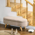 Panca Ottomana Contenitore Imbottita 110 cm con Gambe in Legno, Ovale, Beige