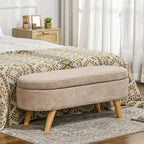 Panca Ottomana Contenitore Imbottita 110 cm con Gambe in Legno, Ovale, Beige