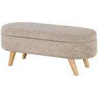 Panca Ottomana Contenitore Imbottita 110 cm con Gambe in Legno, Ovale, Beige