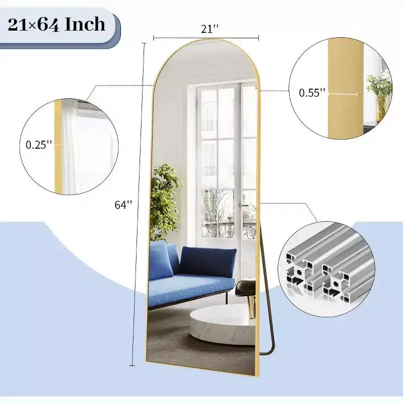 64x21 Arched Full Length Floor Mirror – Aluminum Frame, Leaning or Freestanding