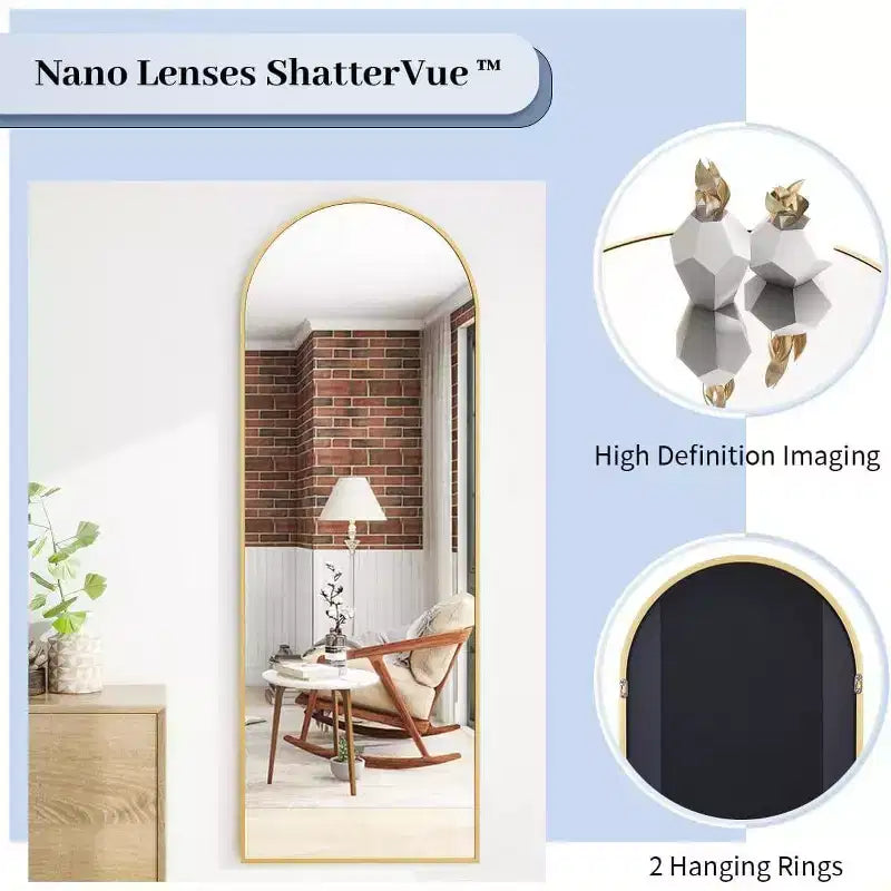 64x21 Arched Full Length Floor Mirror – Aluminum Frame, Leaning or Freestanding