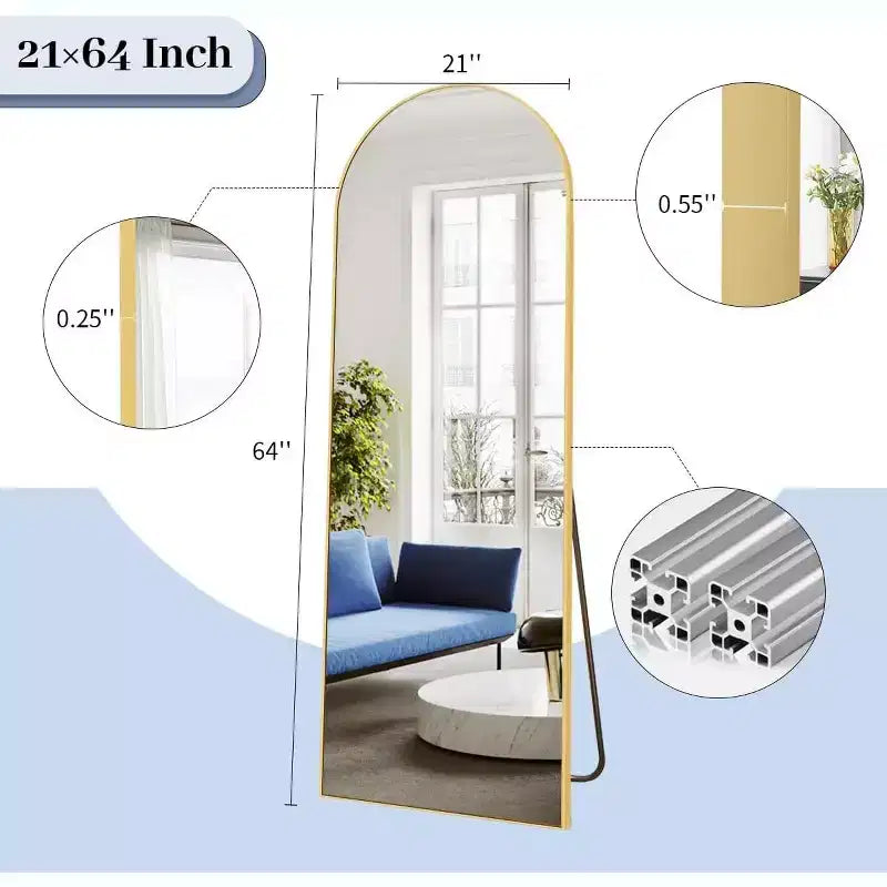 64x21 Arched Full Length Floor Mirror – Aluminum Frame, Leaning or Freestanding