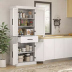 Dispensa da Cucina Alta 183 cm con Ante a Scorrimento, Cassetto e Ripiani Regolabili, Bianca